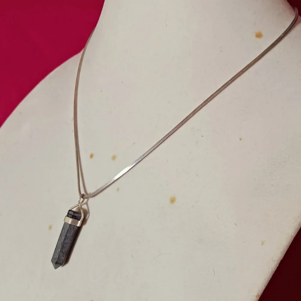 90s Vintage Sterling Silver Snake Chain Black Cloud Onyx Pendant Necklace - Picture 3 of 8